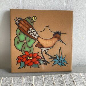 Vintage Masterworks Ceramic Handcrafted Art Tile Trivet Desert Roadrunner 6”